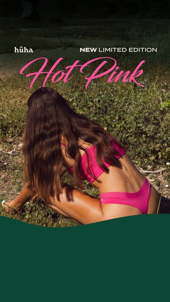 A high-impact vertical ad featuring a model in a vibrant hot pink bikini, emphasizing limited edition branding in a natural, outdoor setting.